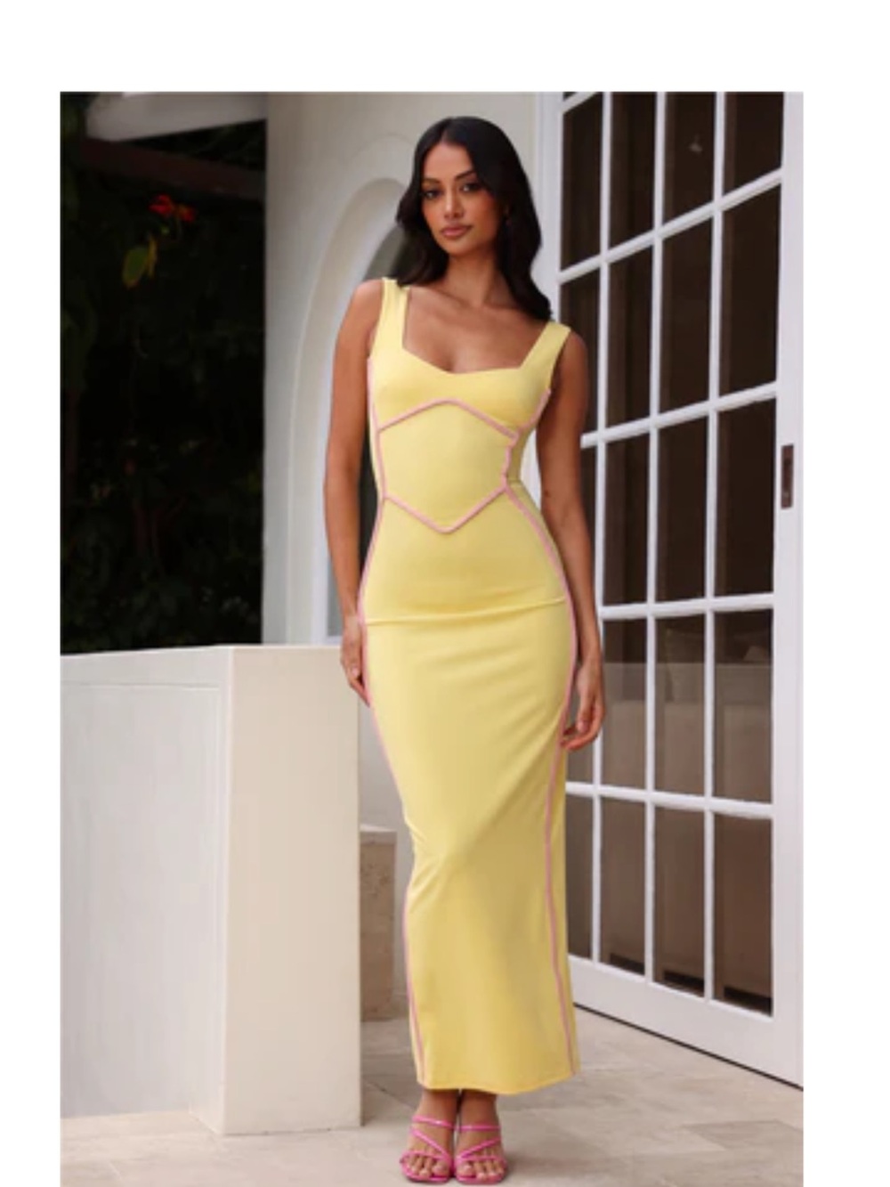 Yellow Maxi Dress with PINK Trim